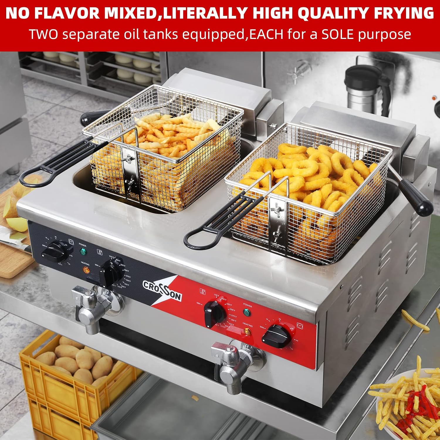 CROSSON 12L Dual Tank Countertop Electric Deep Fryer with Drain